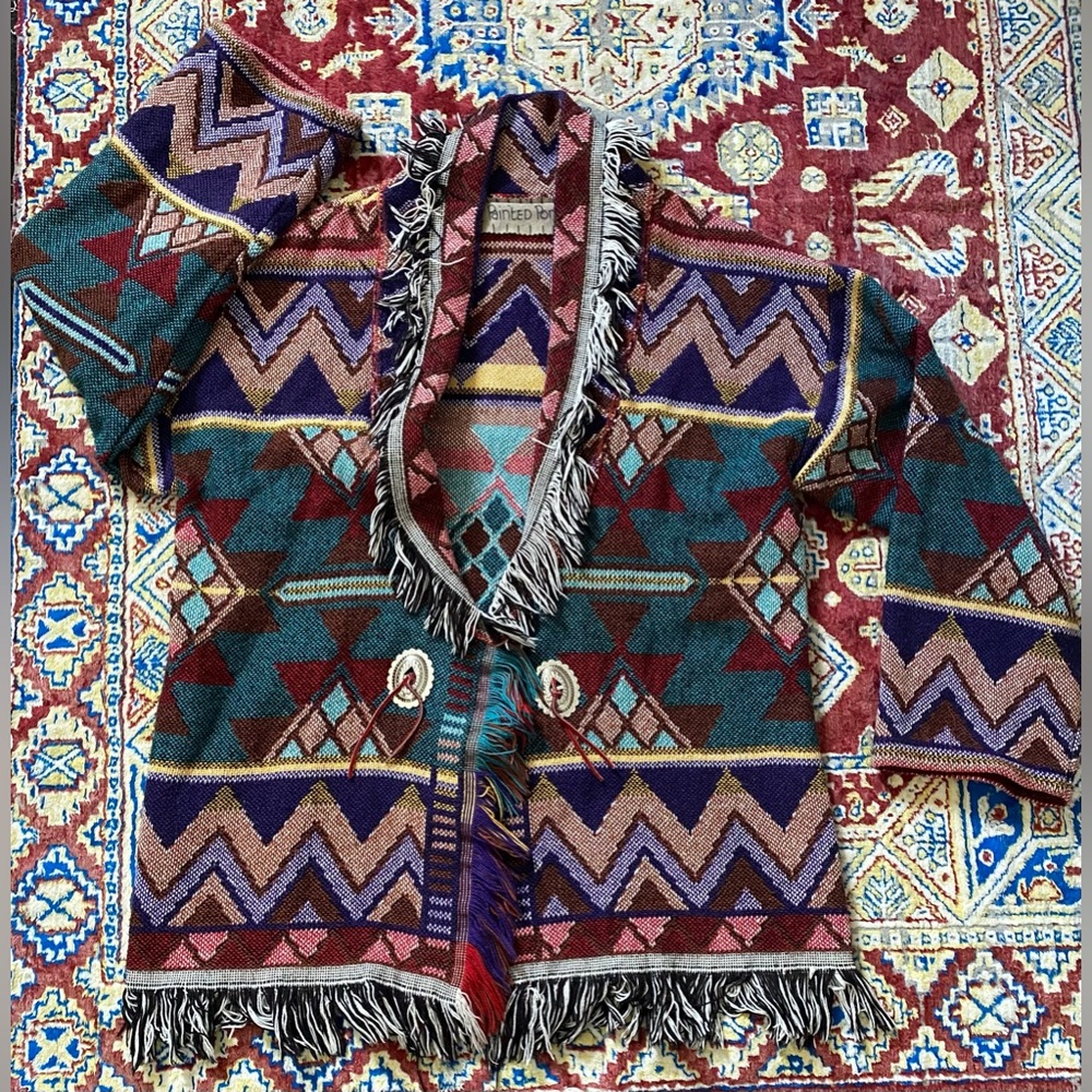Painted Pony 90s Vintage Southwest Fringe Tapestry Cotton Ranch Duster Jacket OS